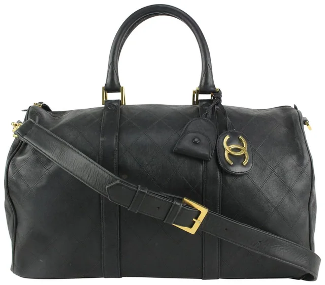 Chanel Black Quilted Lambskin Boston Duffle Bag with Strap in Black Lambskin from Bagriculture