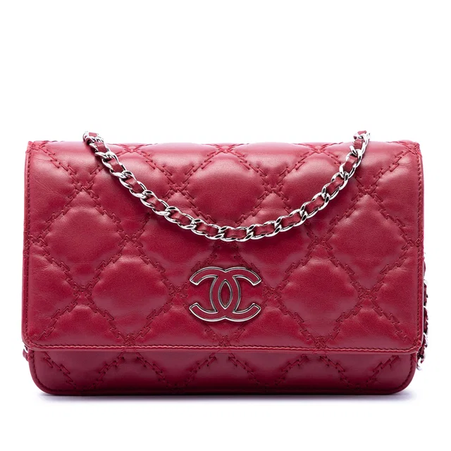 Red Chanel CC Quilted Calfskin Double Stitch Hamptons Wallet on Chain Crossbody Bag in Red Calfskin from Designer Revival