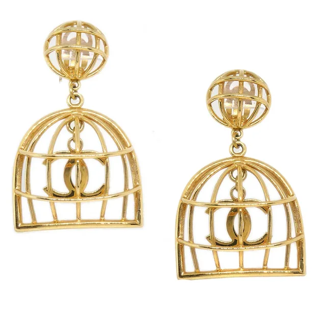 Chanel Birdcage Dangle Earrings Gold 93P in Gold from AMORE Vintage Tokyo