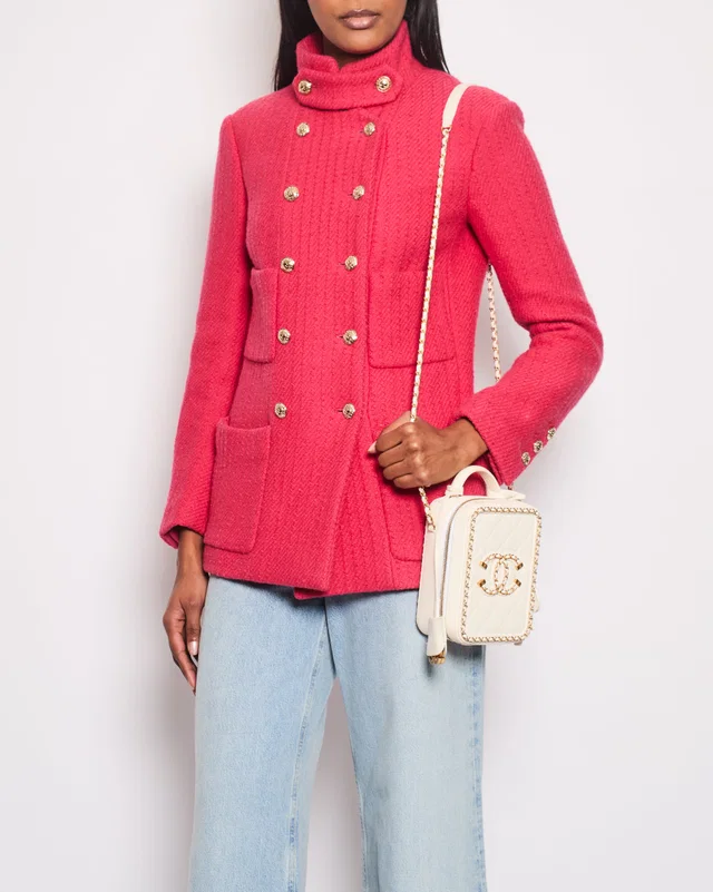Chanel 20/A Hot Pink Long-Sleeve Tweed Jacket with Gold CC Button Detail Size 34 (UK 6) in Pink Tweed from Sellier
