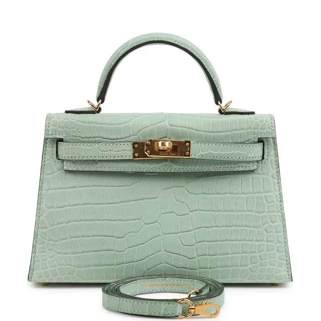 Hermès Kelly Sellier 20 Vert D'Eau Matte Porosus Crocodile Gold Hardware in Green Crocodile from Madison Avenue Couture