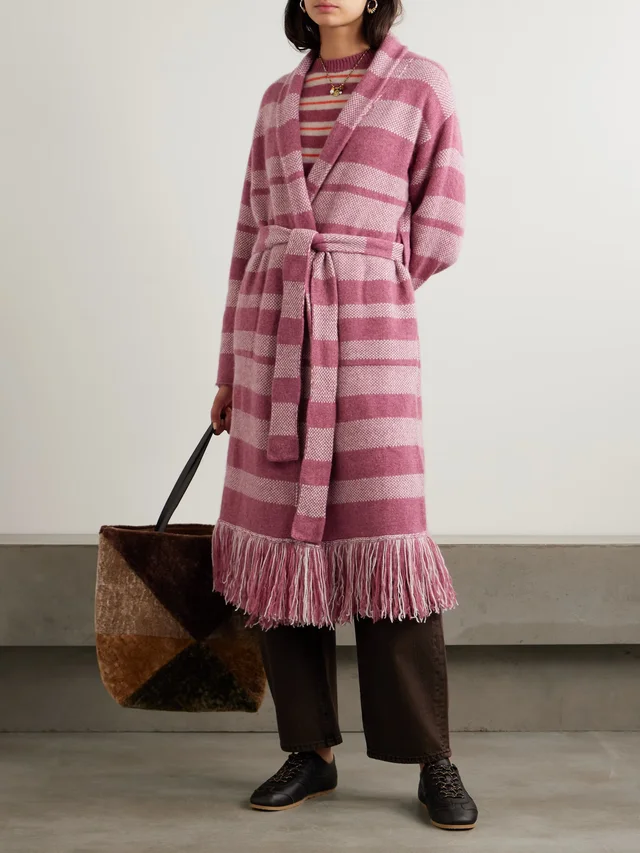 THE ELDER STATESMAN Subway belted fringed striped cashmere cardigan in Pink, photo 2 of 2 from NET-A-PORTER (Canada)