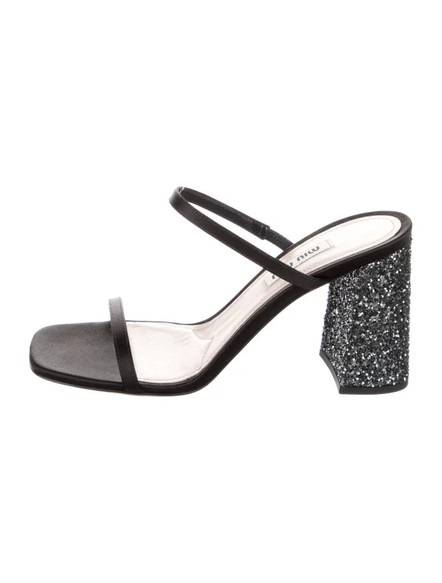 Miu Miu Satin Glitter Accents Sandals in black Satin from The RealReal