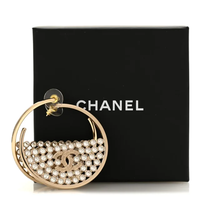 Chanel Metal Strass Crystal CC Hoop Earrings Light Gold in Gold Woven leather from FASHIONPHILE, photo 5 of 5