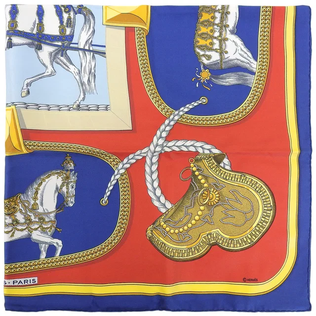 Hermès Carré 90 Grand Appart Scarf Blue/Red/Multi in Red Silk from VINTAGE QOO TOKYO