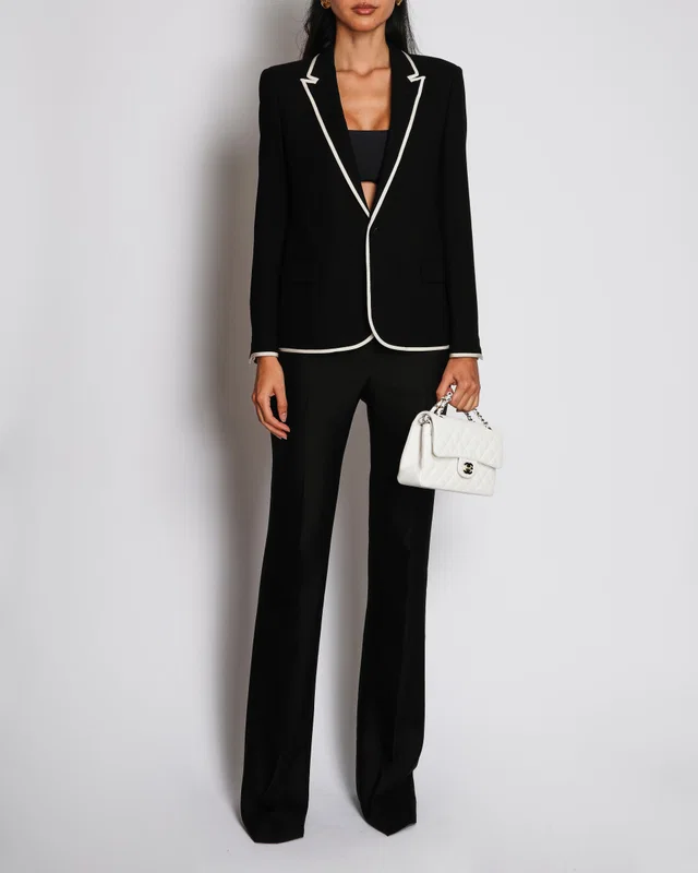Saint Laurent Black Wool Blazer with White Contrast Trim Size FR 40 (UK 12) in Black Wool from Sellier
