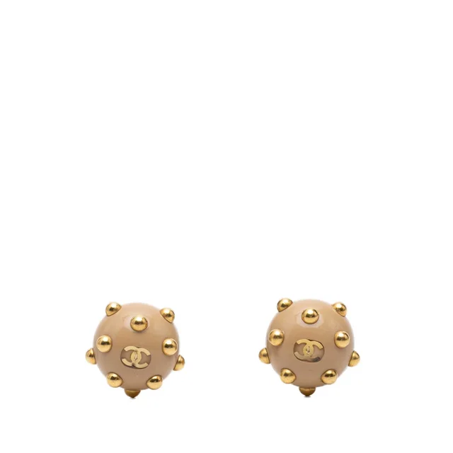 Gold Chanel CC Resin and Gold Plated Studded Clip On Earrings in Gold Resin from Designer Revival