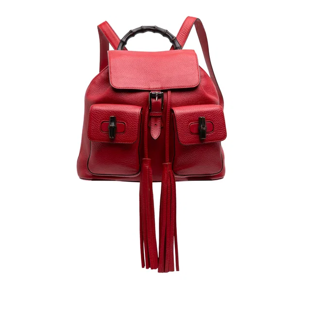 Red Gucci Calfskin Bamboo Tassel Drawstring Backpack in Red Calfskin from Designer Revival