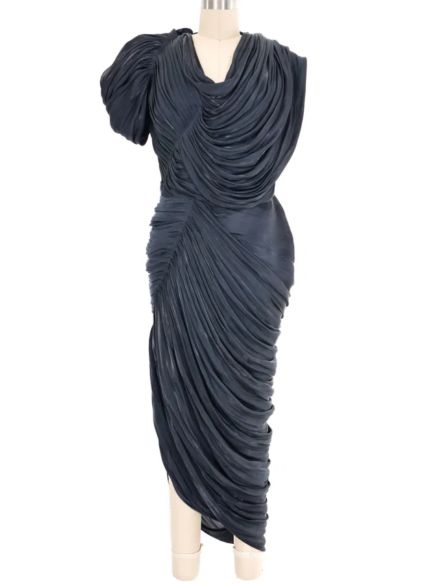 Versace Metallic Draped Pleated Evening Gown from Arcade Vintage