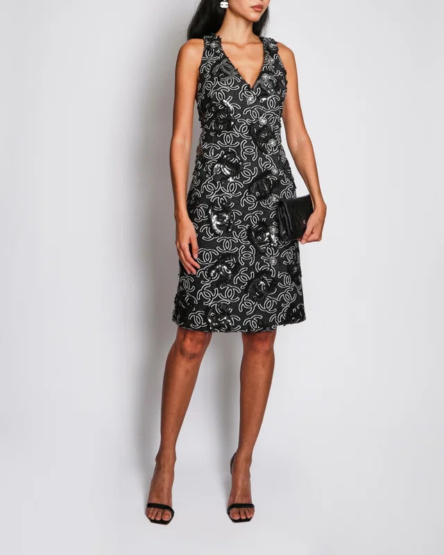 Chanel 22/S Black CC Sequin Knitted Logo Midi Dress with Cross Back Detail Size FR 38 (UK 10) in Black from Sellier
