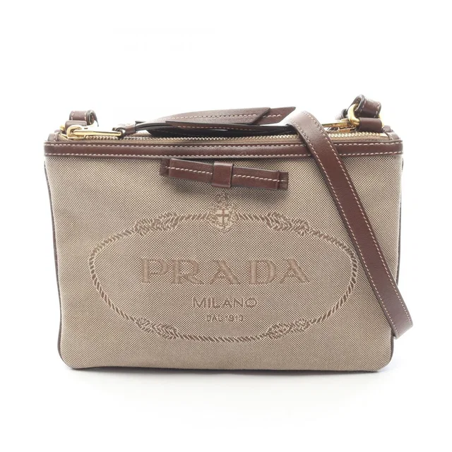 Prada Shoulder Bag Logo Jacquard Beige Brown Canvas Leather in Brown Canvas from The Reluxe
