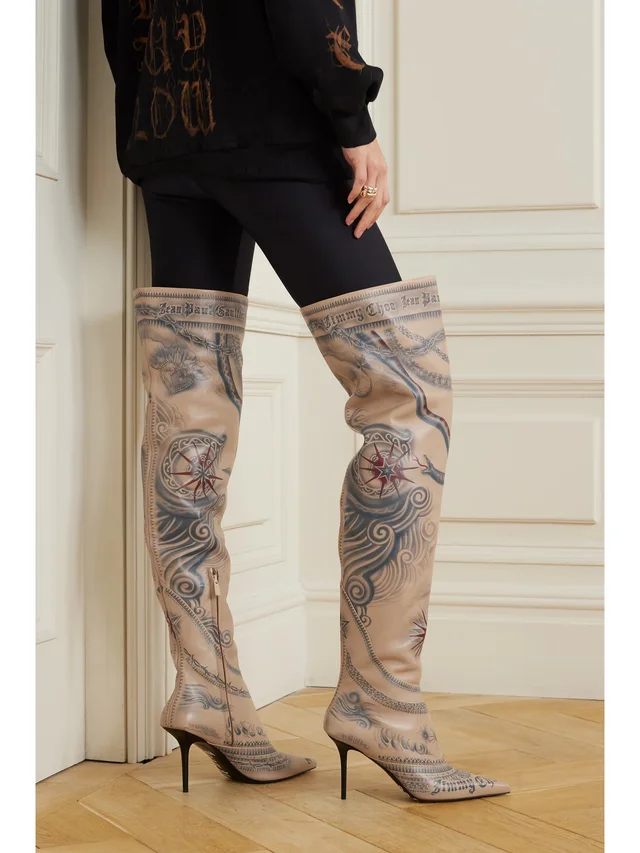 JIMMY CHOO + Jean Paul Gaultier 90 printed leather knee boots in Beige, photo 2 of 2 from NET-A-PORTER (Canada)