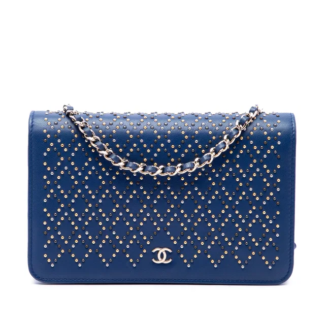 Blue Chanel CC Lambskin Studded Wallet On Chain Crossbody Bag in Blue Lambskin from Designer Revival
