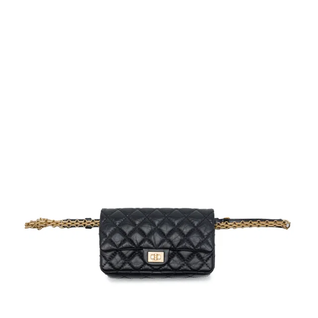 Black Chanel Quilted Aged Calfskin Reissue 2.55 Flap Belt Bag in Black Calfskin from Designer Revival