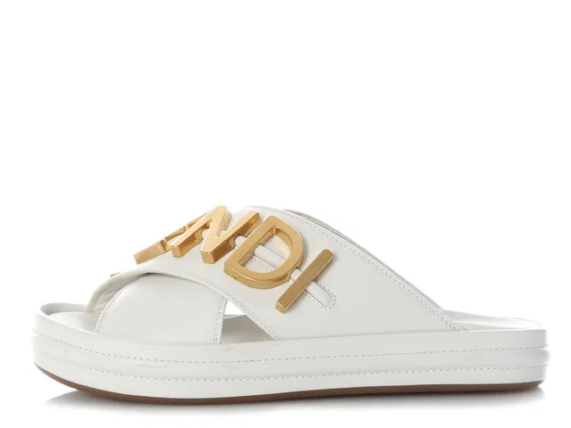 Fendi White Fendigraphy Slide Sandals in White Leather from Ann's Fabulous Finds