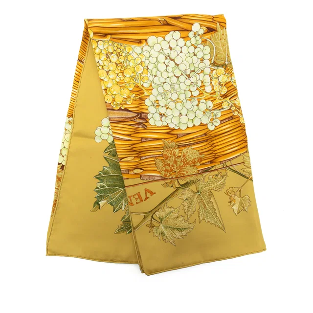 Gold Hermès Vendanges Silk Scarf 90 Scarves in Gold Silk from Designer Revival