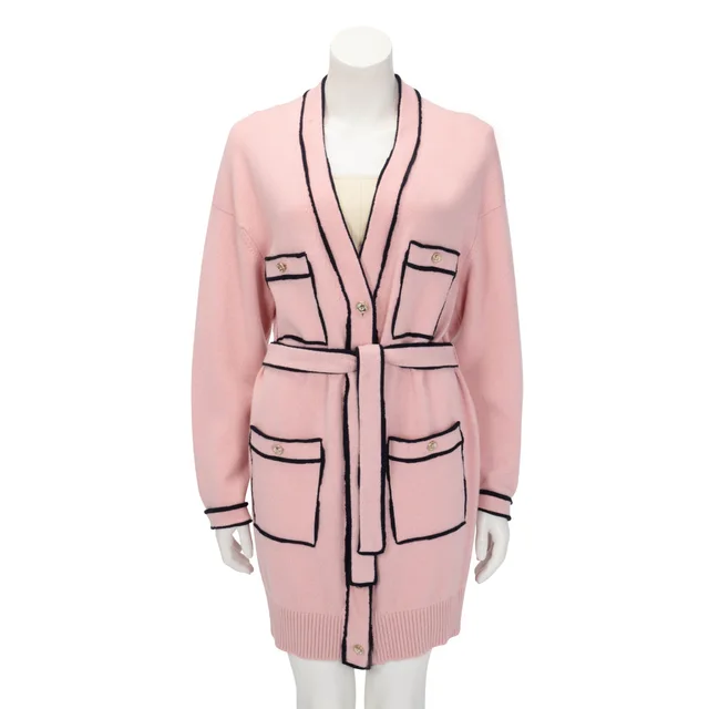 Chanel Knit Belted Long Sleeve Dress FR 40 in Pink & Navy Cashmere from Blue Spinach
