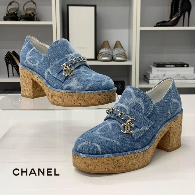 Chanel CC Logo Chain Denim Thick Bottom Cork Loafers Blue in Blue Denim from The Reluxe