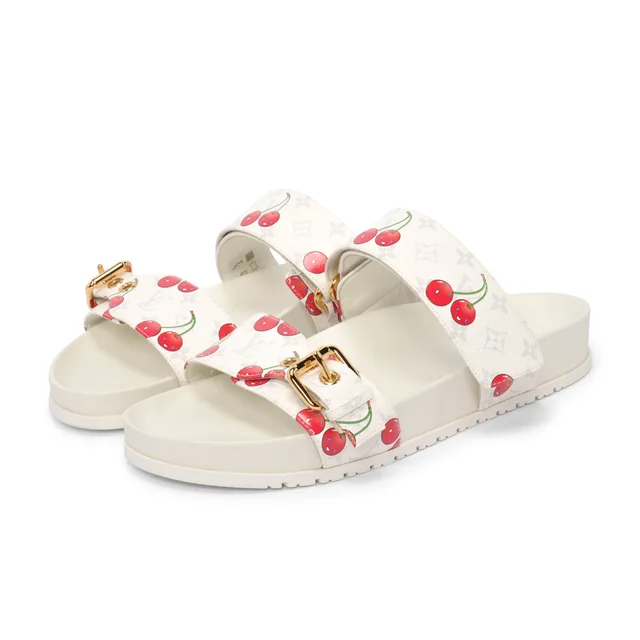Louis Vuitton x TM White Monogram Cerises Bom Dia Comfort Flat Mules 38 in White from Blue Spinach