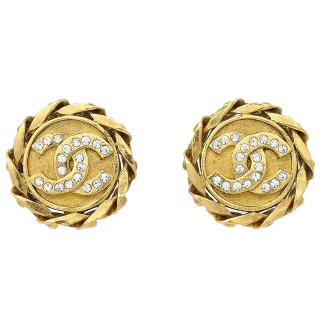 Chanel Rhinestone Earrings Clip-On Gold 23 in Gold from AMORE Vintage Tokyo