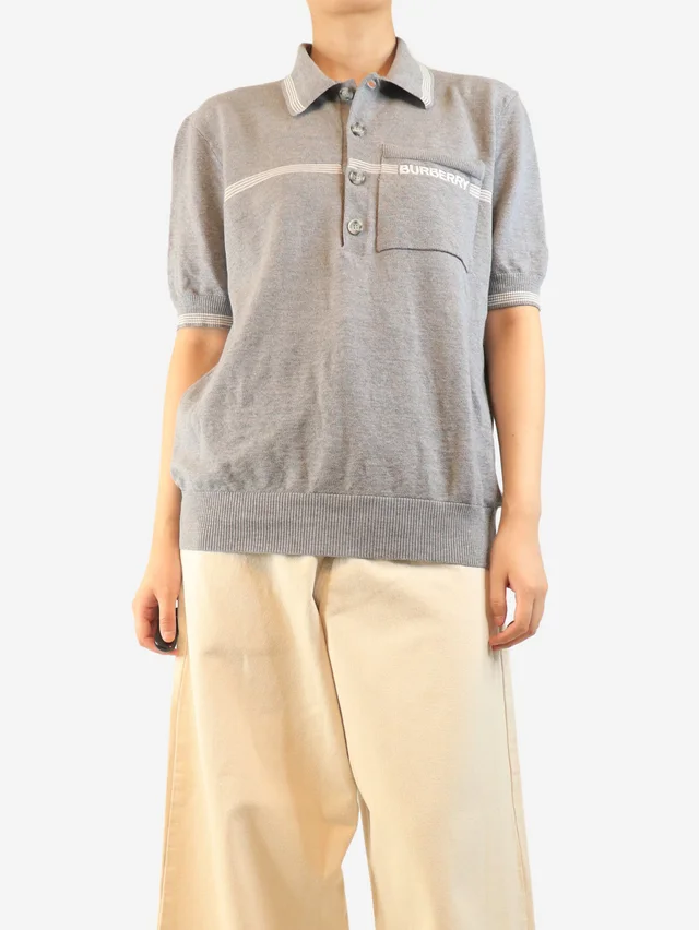 Burberry Grey short-sleeved knit polo top - size L in Grey Wool from Sign of the Times