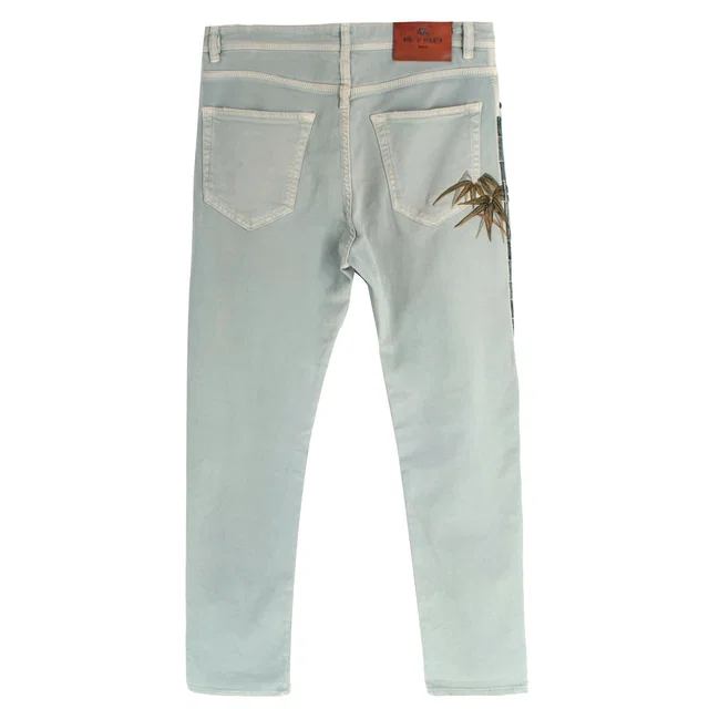 Etro Washed Blue Palm Tree Embroidered Jeans in Blue from HEWI