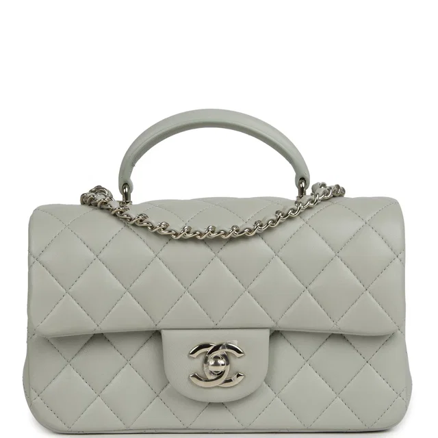 Chanel Mini Classic Rectangular Top Handle Flap Bag Pale Green Lambskin Silver Hardware in Green Lambskin from Madison Avenue Couture