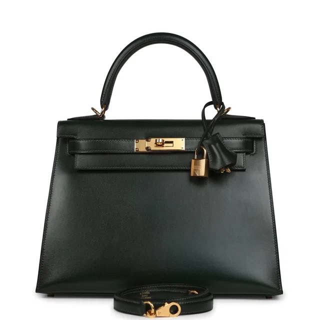 Hermès Kelly Sellier 28 Vert Fonce Box Gold Hardware in Green Calfskin from Madison Avenue Couture