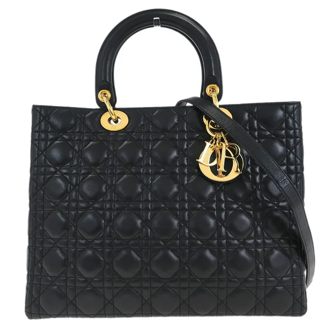 Black Lambskin Large Lady Dior Cannage 2way Shoulder Handbag in Black Lambskin from AMORE Vintage Tokyo