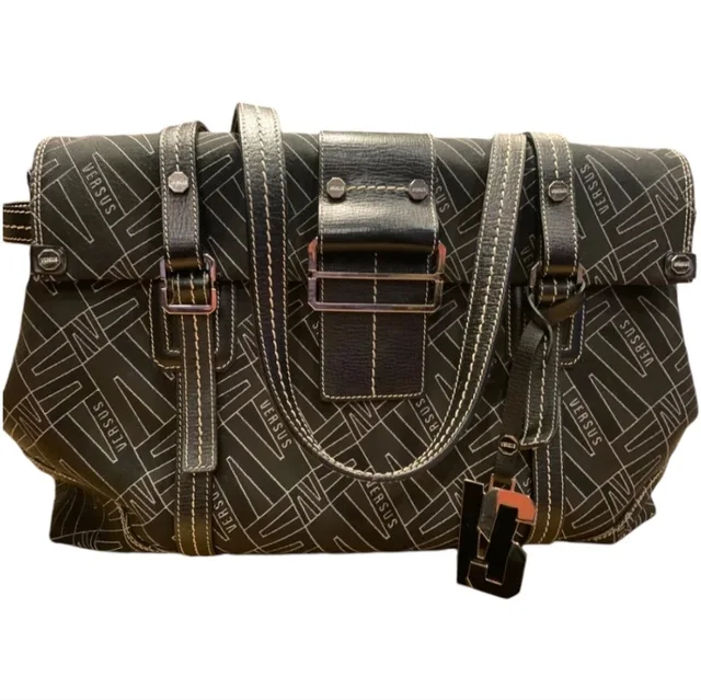Versace Versus Large Carryall Tote Satchel In Black & Silver Hardware in silver|black|gray Leather from Poshmark