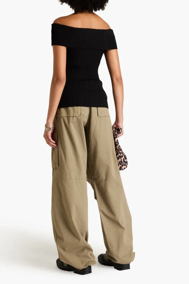 Ganni Off-the-Shoulder Ribbed-Knit Top in Black, photo 3 of 4 from THE OUTNET