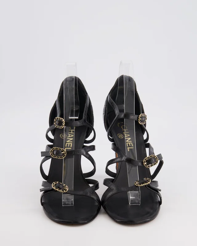 Chanel Black Quilted Leather Strappy Heeled Sandals with Gold Chain Buckles and Gold CC Logo … 40.5C in Black Leather from Sellier, photo 2 of 2