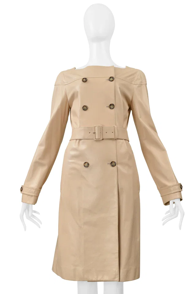 Prada Double Breasted Beige Leather Coat Dress With Belt in Beige Leather from Resurrection Vintage