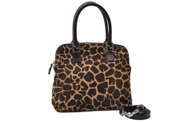 Fendi Giraffe Pattern 2-Way Shoulder Handbag Calf Hair Brown in Brown from The Reluxe