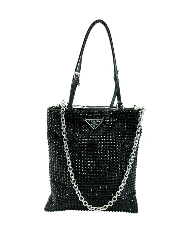 Prada Black Crystal Embellished Logo Chain Crossbody Bag in Black Satin from Luxury Promise