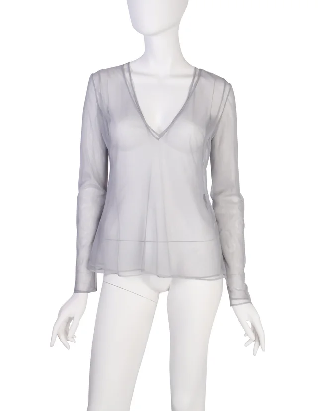 Gucci Vintage AW 1998 Tom Ford Era Powder Blue Layered Net Mesh V Neck Top in Blue Nylon from Amarcord Vintage Fashion