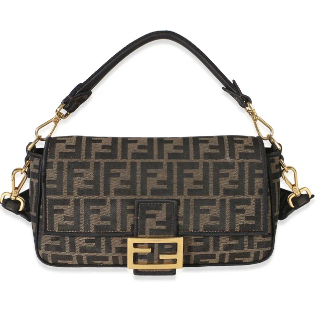 Fendi Black Tobacco Fabric FF 1974 Jacquard Canvas Medium Baguette Bag in Black Canvas from myGemma