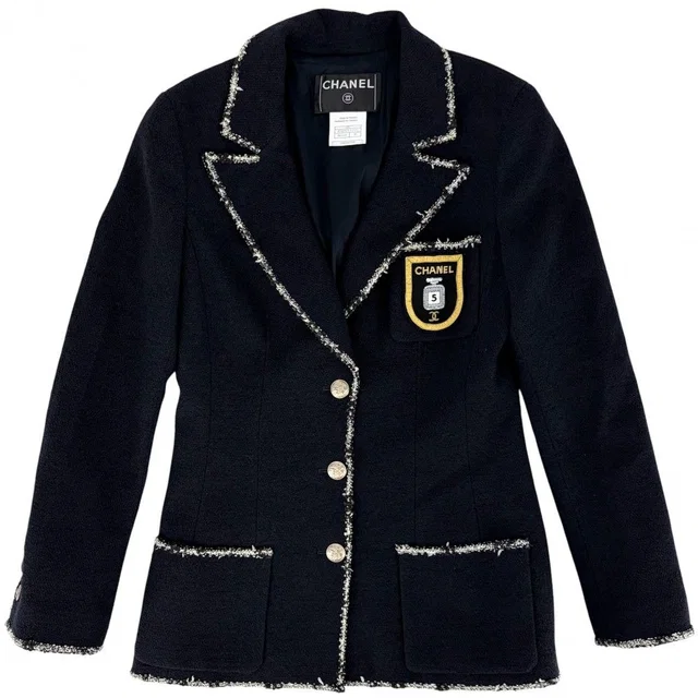 Chanel Tailored Jacket CC Logo Emblem 38 Navy Wool Cotton Spring Autumn in Navy Wool from The Reluxe