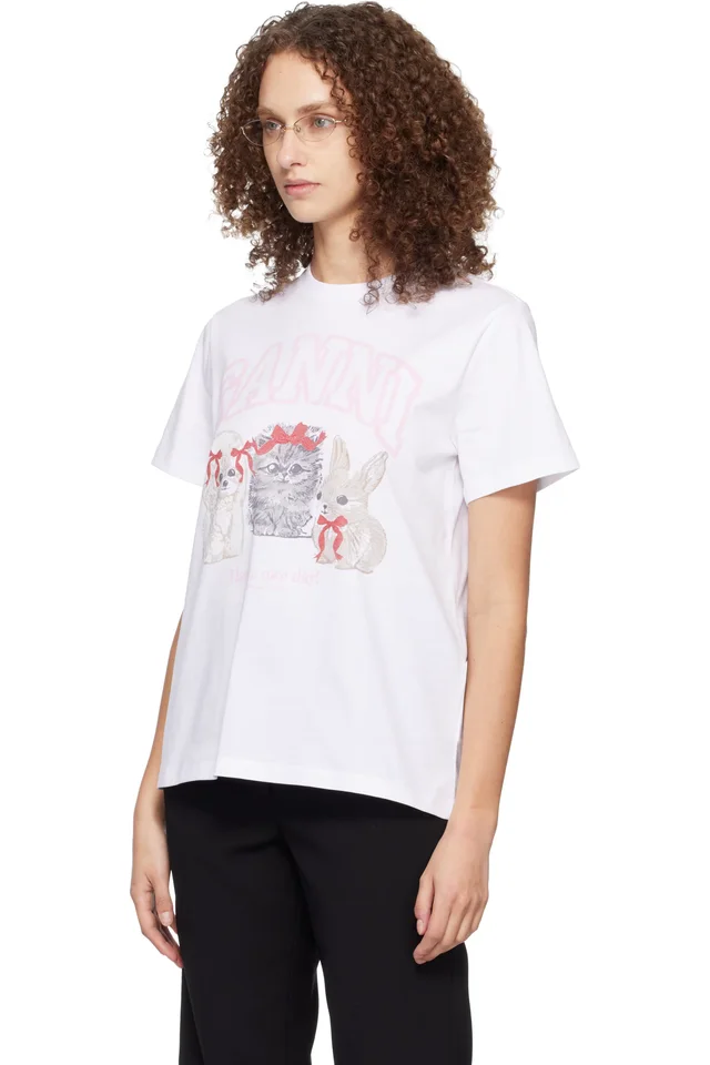 GANNI White Animals Print T-shirt, photo 4 of 5 from SSENSE