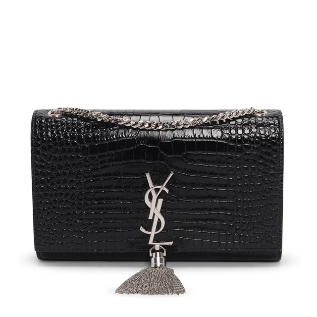 Saint Laurent Croc Embossed Medium Kate Tassel Bag in Black Crocodile from Blue Spinach