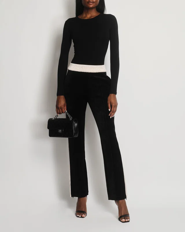 Chanel Black Velvet & Cream Satin Tracksuit Trousers with Elasticated Waist in Black Velvet from Sellier