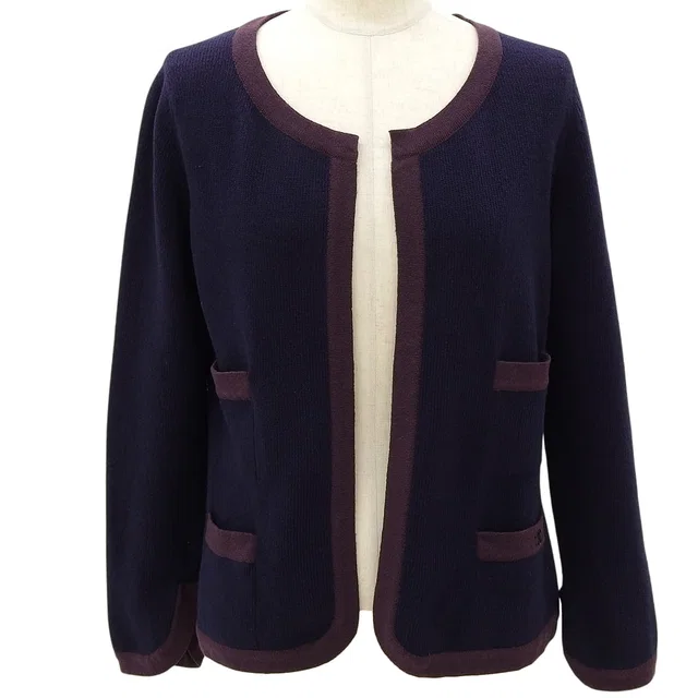 Chanel 2002 Cashmere Bicolor CC Mark Plate Cardigan #42 Navy/Purple in Navy Cashmere from VINTAGE QOO TOKYO