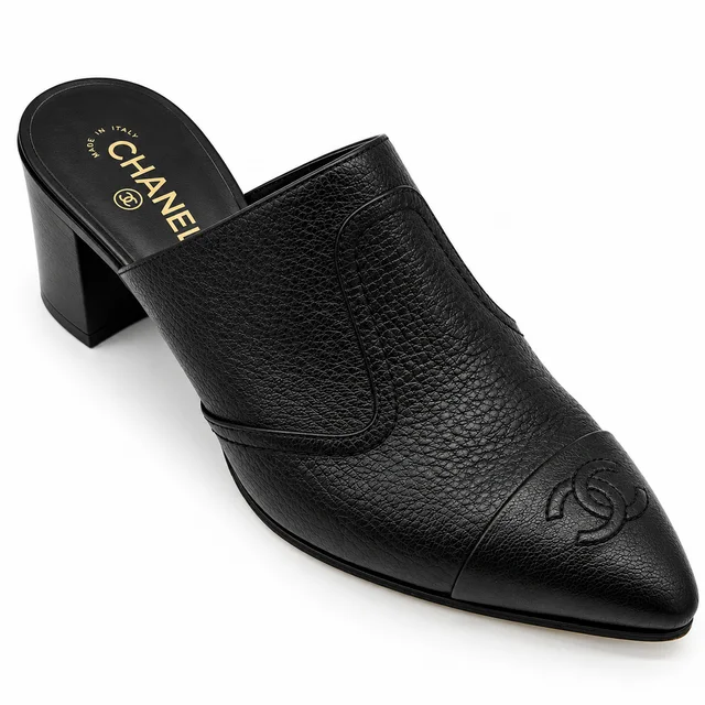 Chanel Black CC Grained Leather Mules in Black Caviar leather from Clotheshorse Anonymous