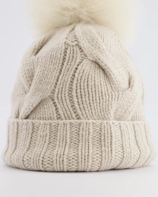 Loro Piana and Gold Beanie Hat with Fox Fur Pom in Beige Nylon from Sellier, photo 3 of 4