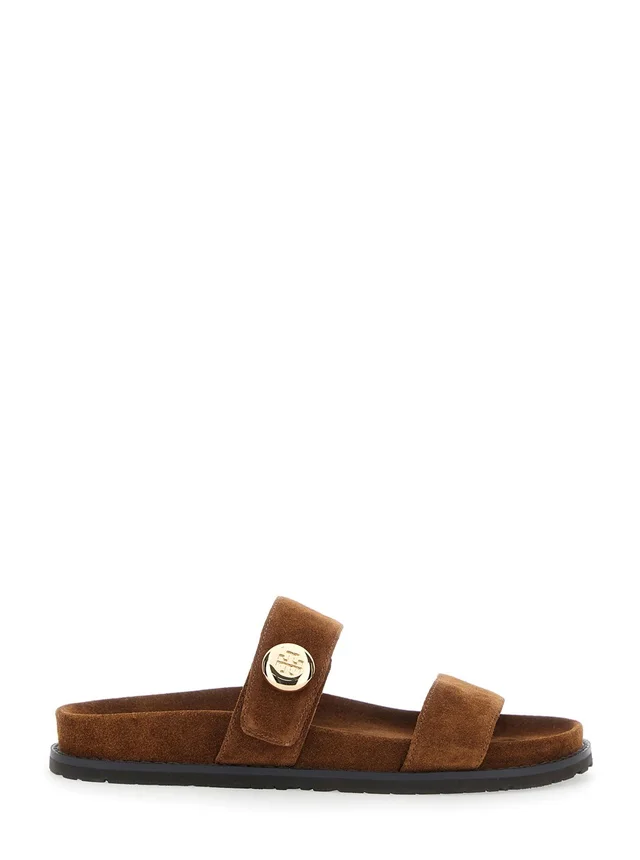 TORY BURCH Romy Sandals with Logo Plate on the Front in Brown Suede for Women in Brown 100% Bovine, photo 2 of 8 from Gaudenzi Boutique