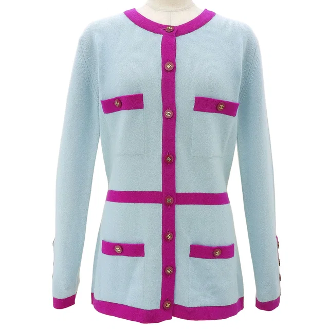 Chanel 1995 CC mark button cardigan #42 Ice blue/purple in Blue Cashmere from VINTAGE QOO TOKYO