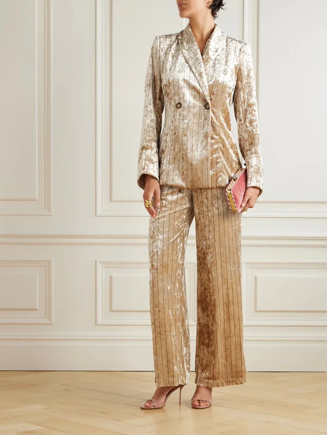 LORETTA CAPONI Cipro pinstriped crushed-velvet wide-leg pants in Orange, photo 2 of 2 from NET-A-PORTER (Canada)