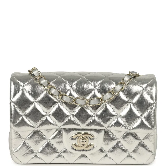 Chanel Mini Classic Rectangular Flap Bag Silver Metallic Crumpled Calfskin Light Gold Hardware in Silver Calfskin from Madison Avenue Couture
