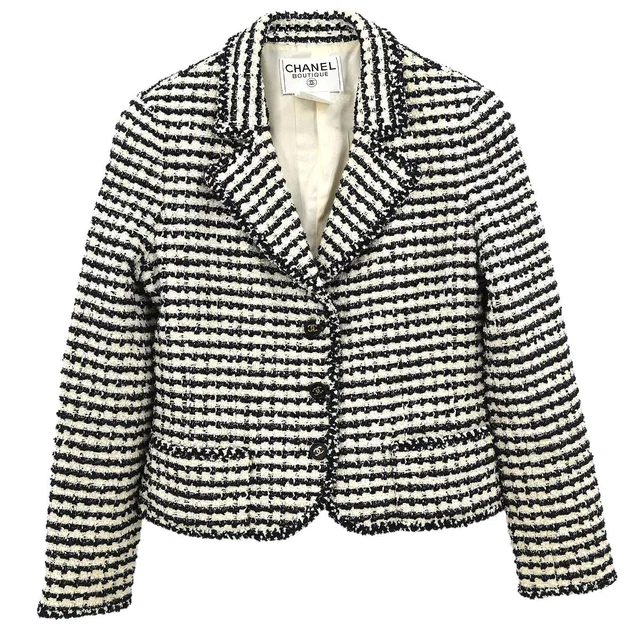 Chanel Single Breasted Jacket Black #42 in Black Nylon from AMORE Vintage Tokyo