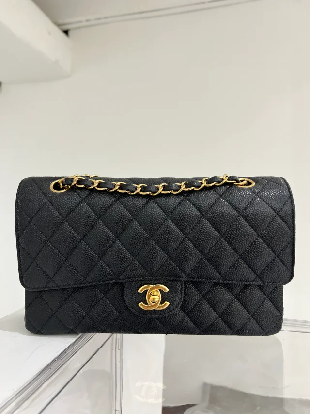 Chanel Double Classic Flap Medium Black Caviar GHW 18152781 - hologram, auth card 8079H in Black Caviar leather from Luxury Promise